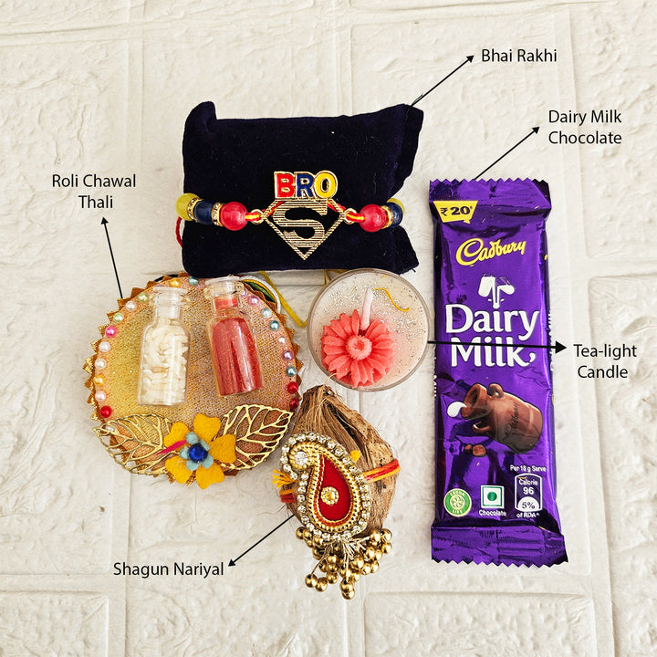 Handmade Beaded Superman Bro Rakhi Gift Hamper With Roli Chawal For Brother