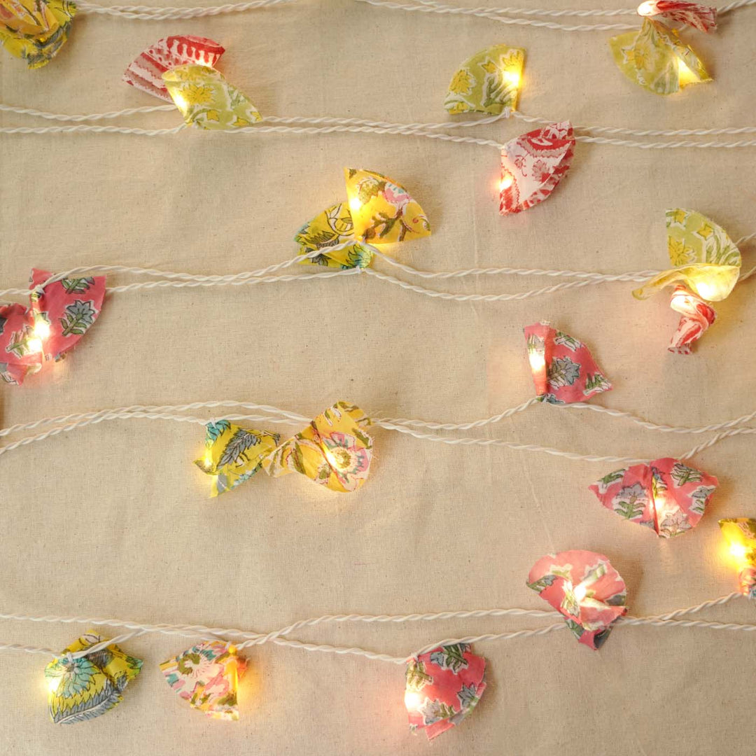 9.15m, 50 Bulbs | Handmade Assorted Block Printed Pastel Fabric LED Fairy Light