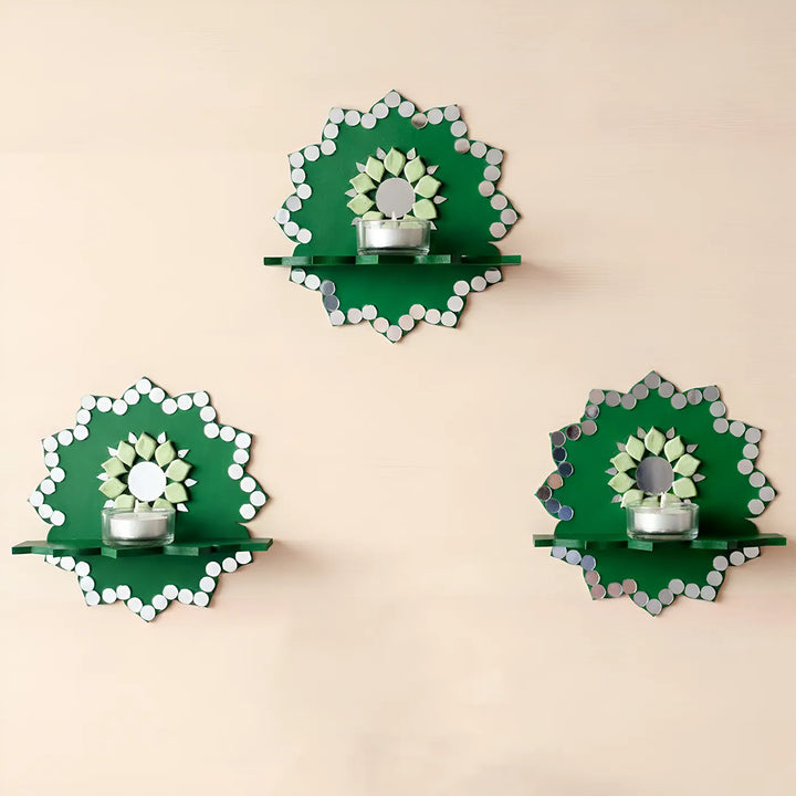 Hand-Painted Mirror Work Green Shimmer MDF Wood Tealight Holder