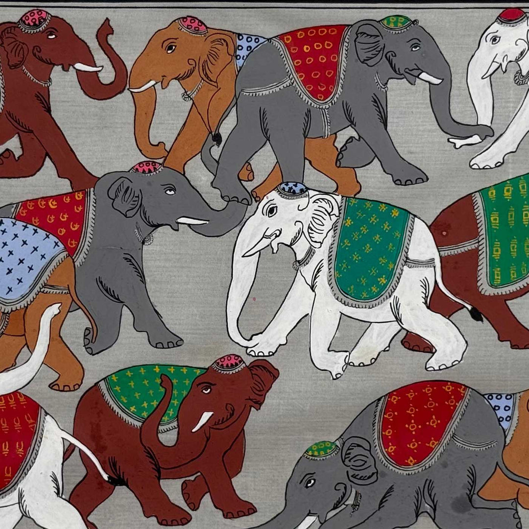 16 X 12 Inch | Handmade Silk Elephant Herd Painting