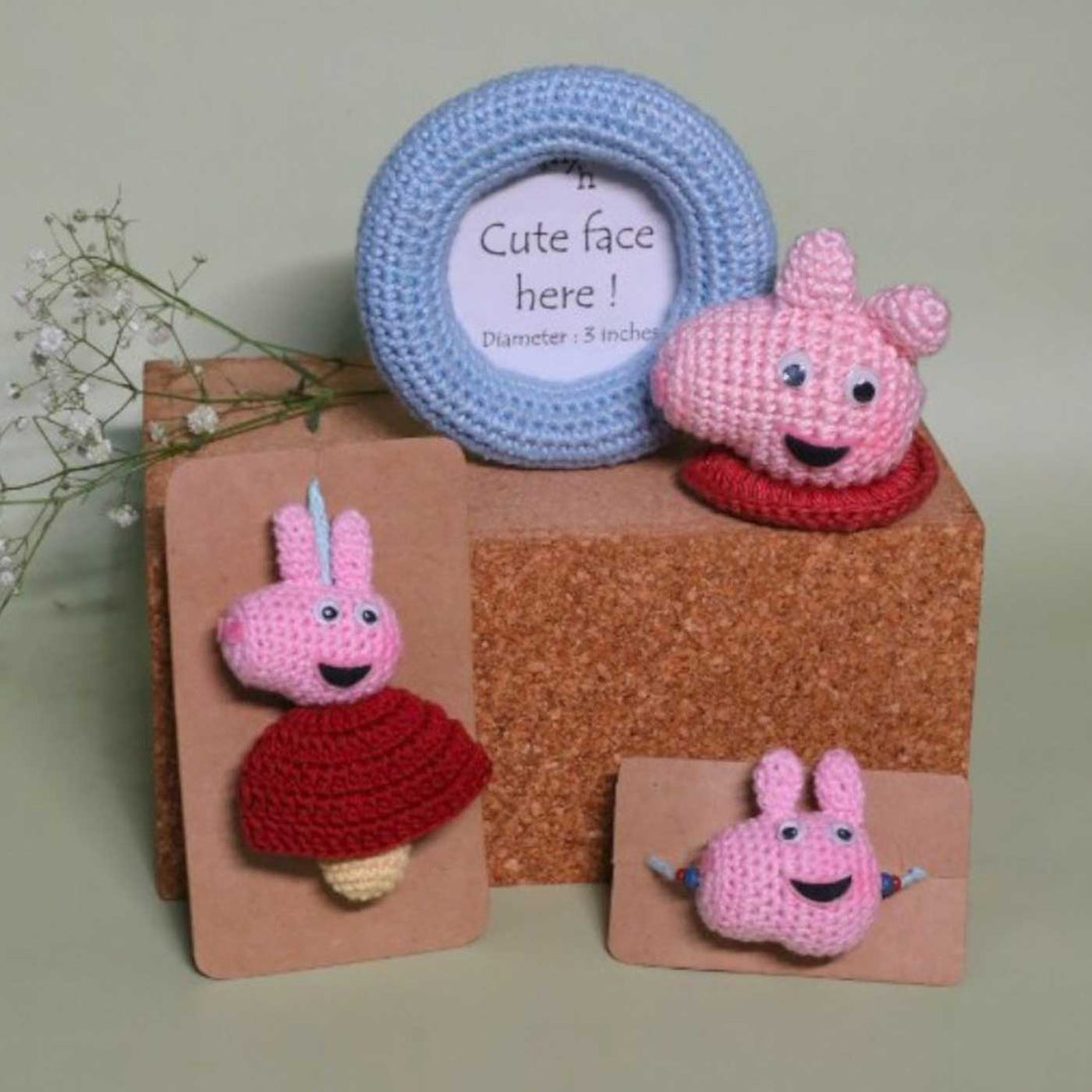 Handmade Crochet Peppa Pig Kids Lumba Rakhi With Roli Chawal - Set Display on Decorative Blocks