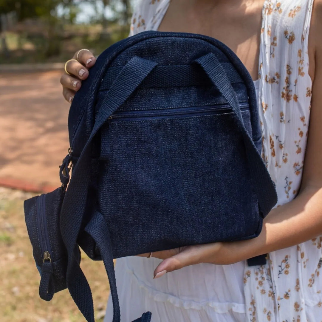 Repurposed Patched Denim Eco-Friendly Mini Backpack With Pouch