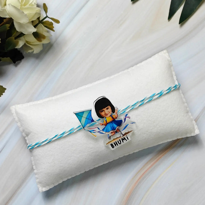 Photo Personalized Reusable Caricature Girl With Kite Theme Acrylic Kids Rakhi