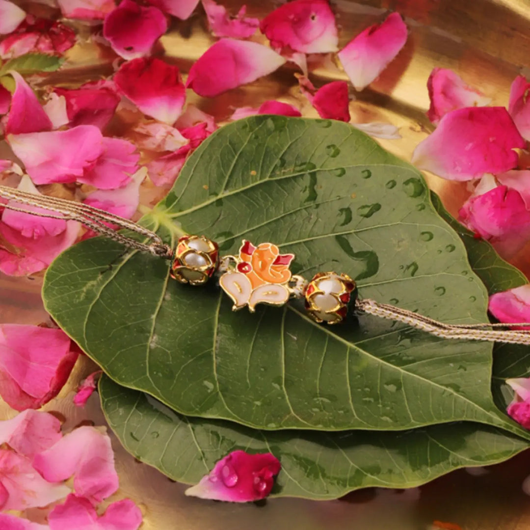 Handmade Lord Ganesha Meenakari Rakhi With Roli Chawal