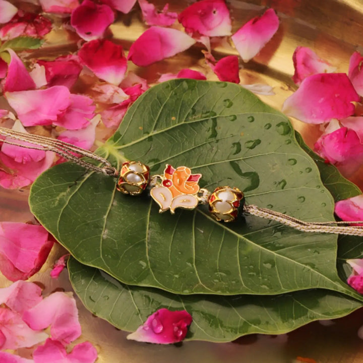 Handmade Lord Ganesha Meenakari Rakhi With Roli Chawal