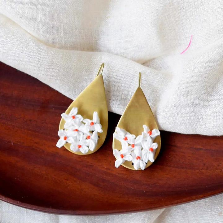 Handmade Textile Art Floral Drop Shaped Dupion Silk Fabric Earrings