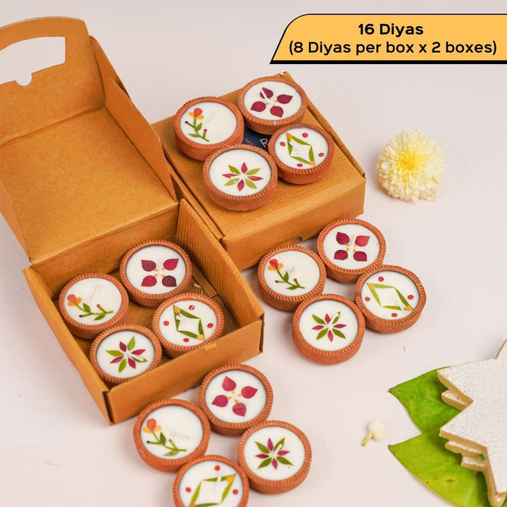 Handmade Pressed Flower Soy Wax & Earthen Festive 1 Inch Diyas