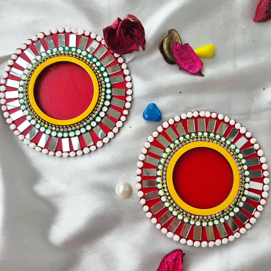 Hand-Painted Mirror Work Round MDF Wood Tealight Holder | Set Of 2