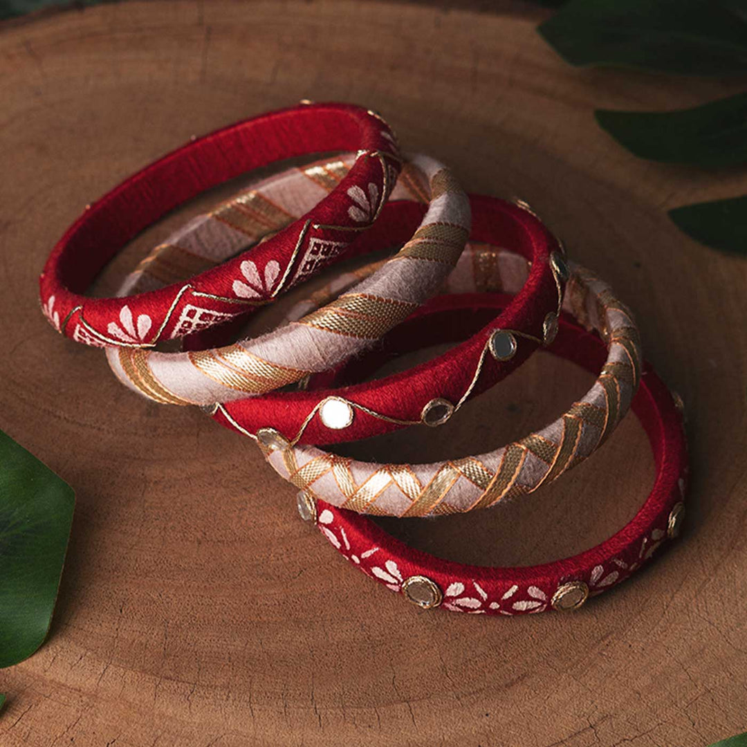 Red & White Handcrafted Elegant Mirror Work Bangles | Set of 5