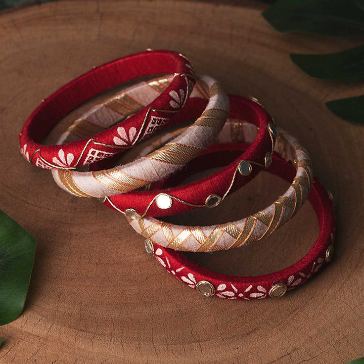 Red & White Handcrafted Elegant Mirror Work Bangles | Set of 5
