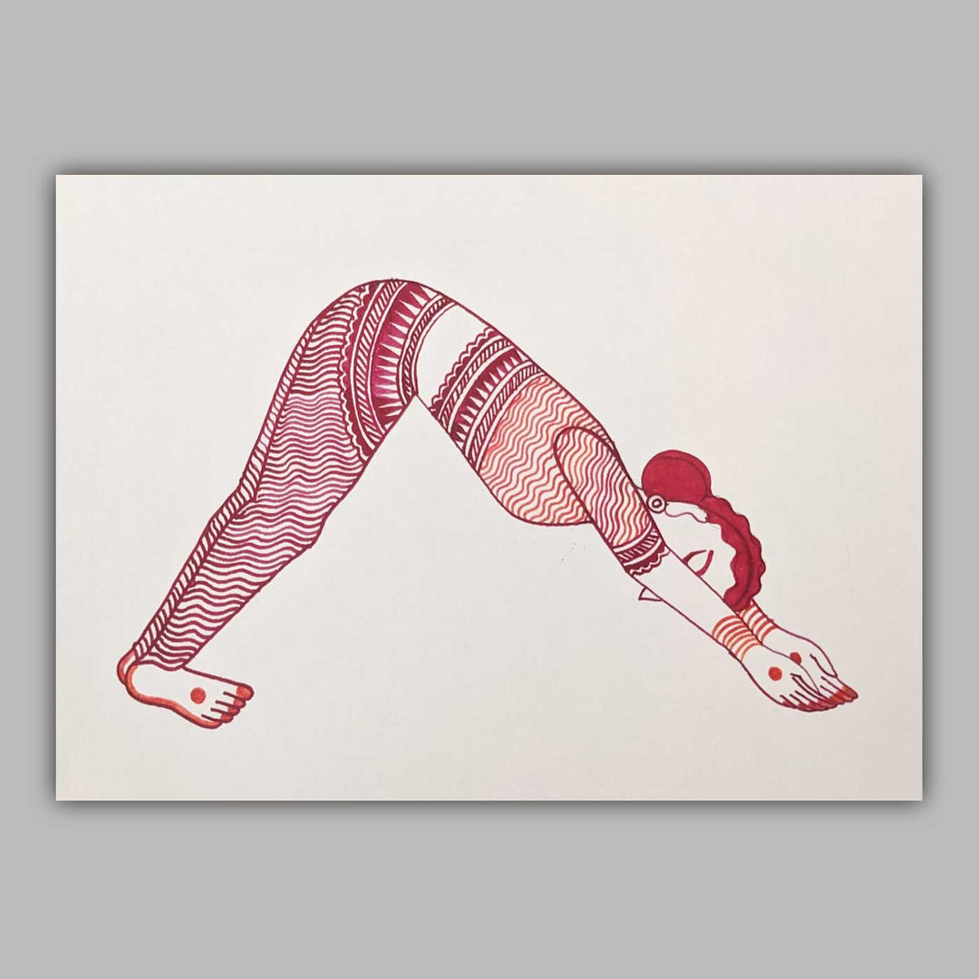 6 x 9 Inch | Parvatasan Yoga Pose | Minimalist Black & White Mudhubani Style Line Drawing With Frame