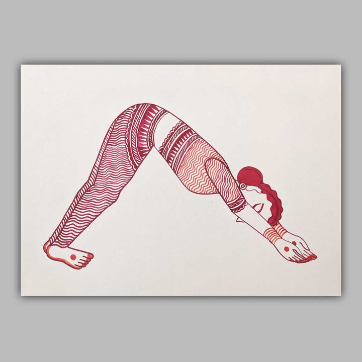 6 x 9 Inch | Parvatasan Yoga Pose | Minimalist Black & White Mudhubani Style Line Drawing With Frame