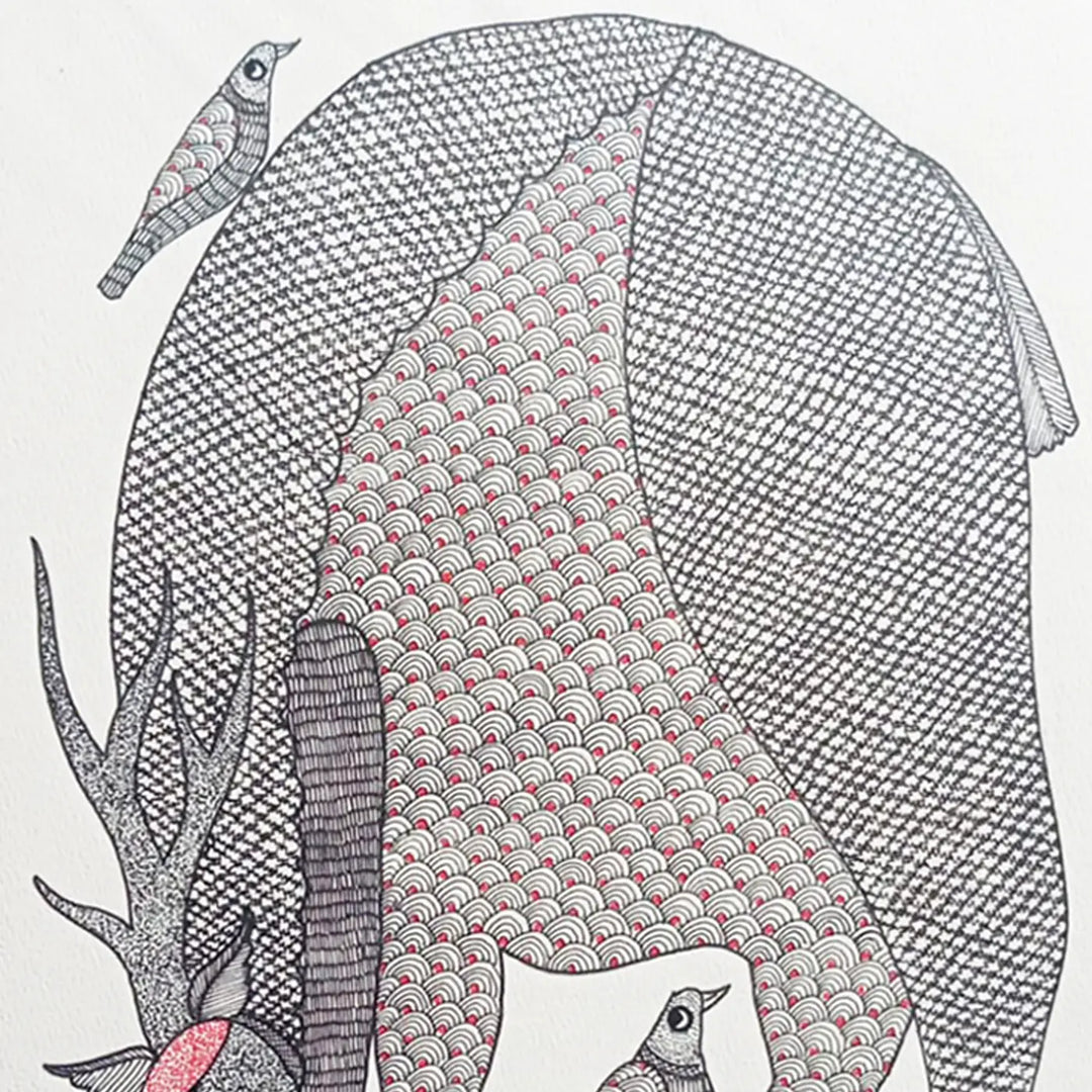 11 x 16 Inch | Deer & Bird Bond | Original Hand Painted Tribal Gond Art Painting | Acrylic Paint On Paper