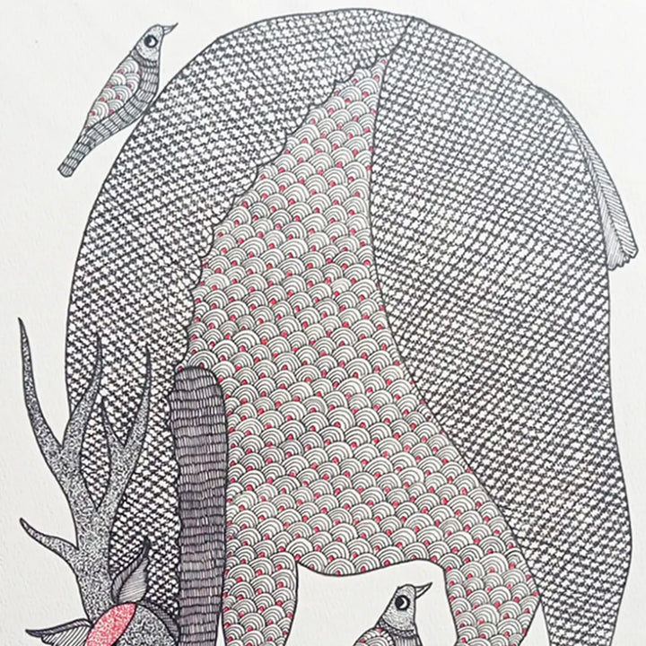 11 x 16 Inch | Deer & Bird Bond | Original Hand Painted Tribal Gond Art Painting | Acrylic Paint On Paper