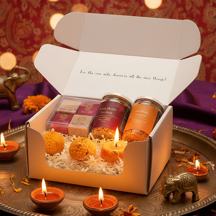 Festival Glow Diwali Gift Hamper | Includes 4 Choco Bites, 2 Namkeen Jars, 4 Laddoo Candles, 1 Gift Box