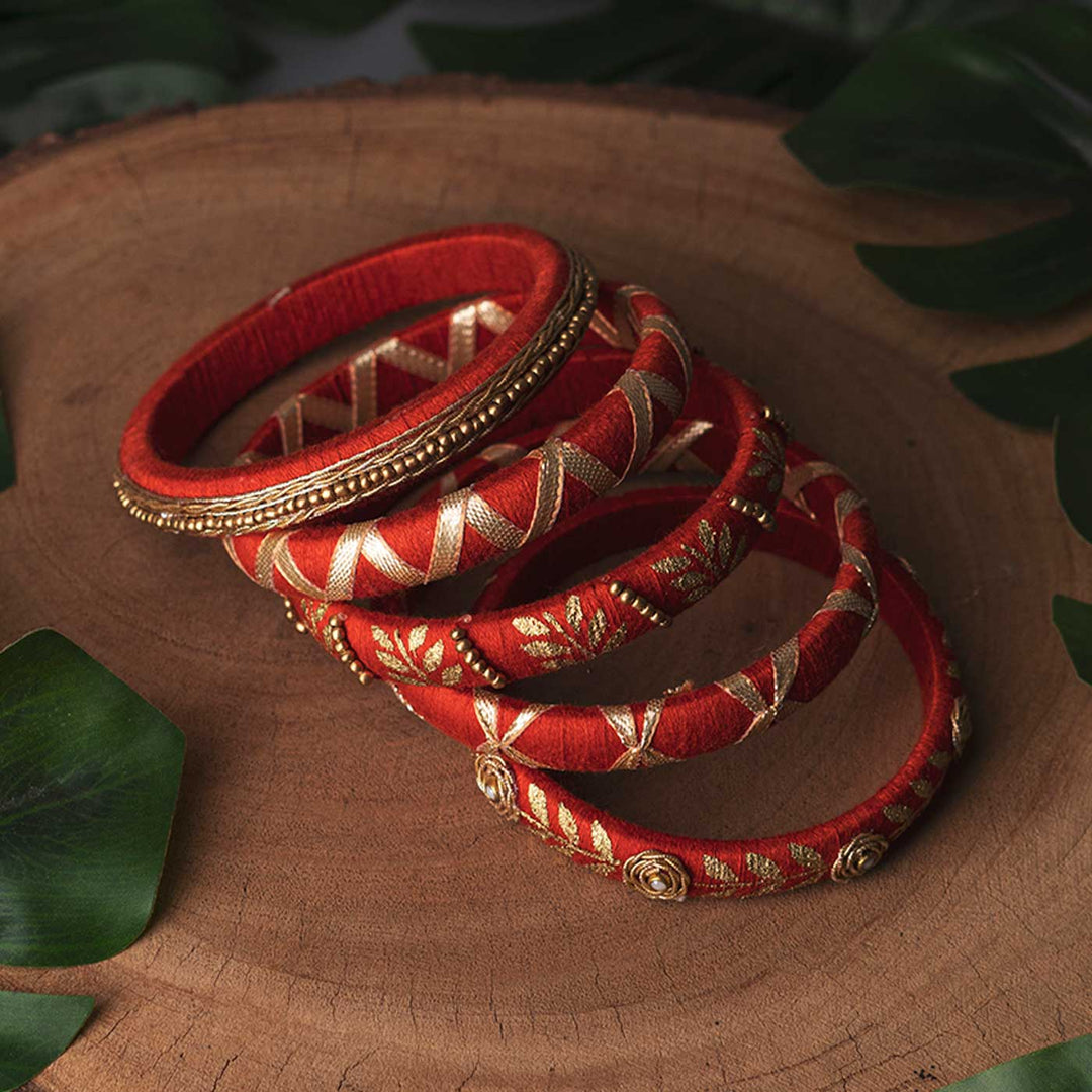 Maroon Handcrafted Beads & Delicate Zardosi Bangles | Set of 5