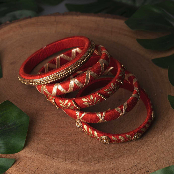 Maroon Handcrafted Beads & Delicate Zardosi Bangles | Set of 5