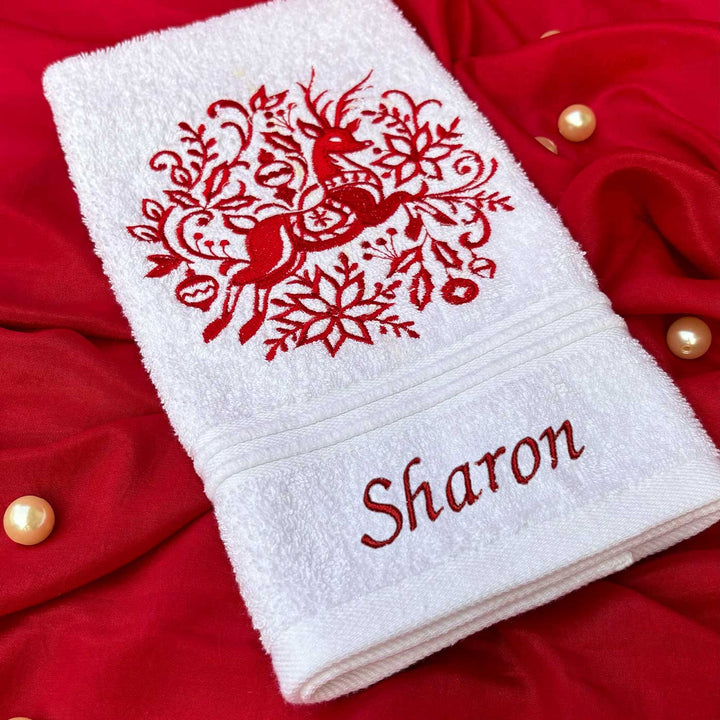 Personalized Reindeer Embroidered Towel & Candle Hamper | Secret Santa Gift Ideas | Set Of 3