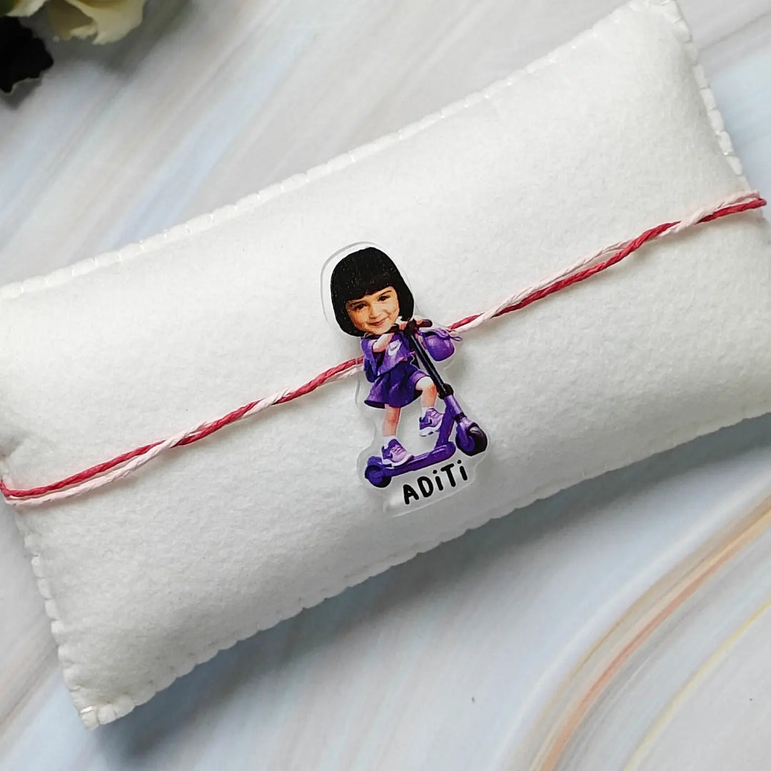 Photo Personalized Reusable Caricature Scooter Theme Acrylic Kids Rakhi