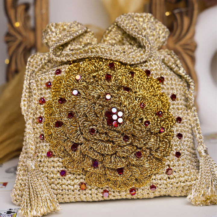 Handmade Crochet Golden Floral Embellished Potli