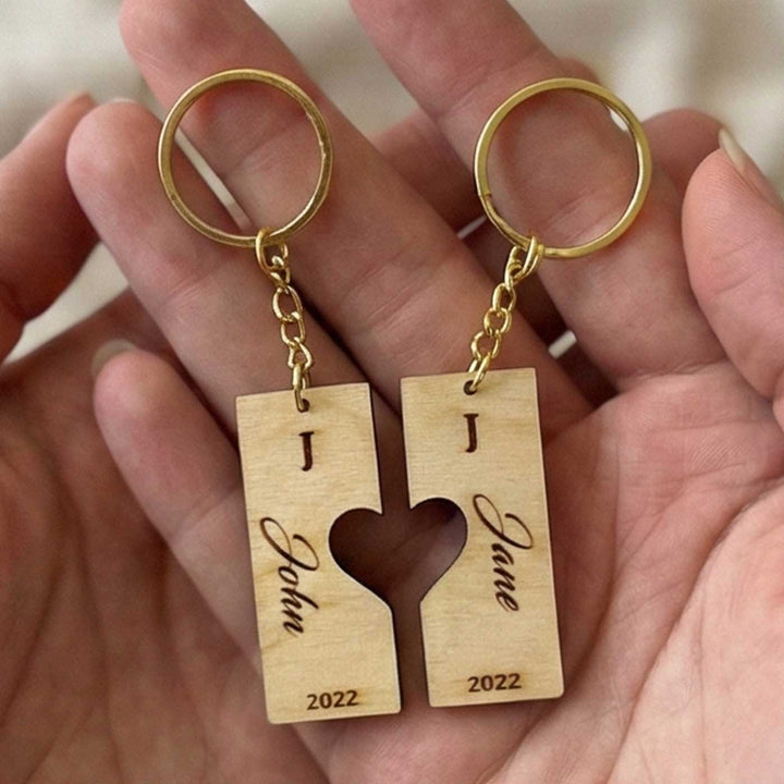 2 Pc | Heart Shaped Personalized Birchwood Keychain For Couple