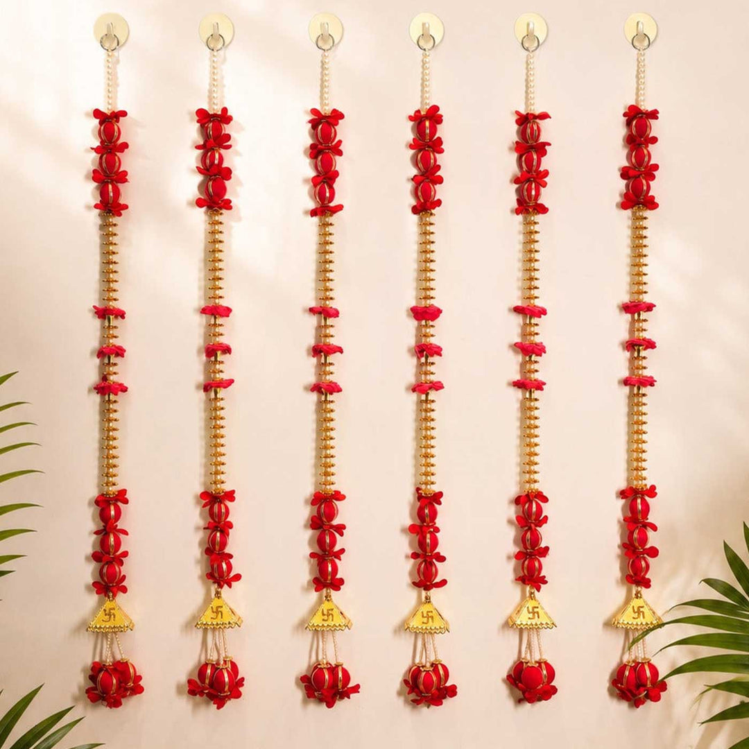 Handcrafted Red Artificial Flower And Gold Bells Tassel Door Hangings With Gold Bead Detailing