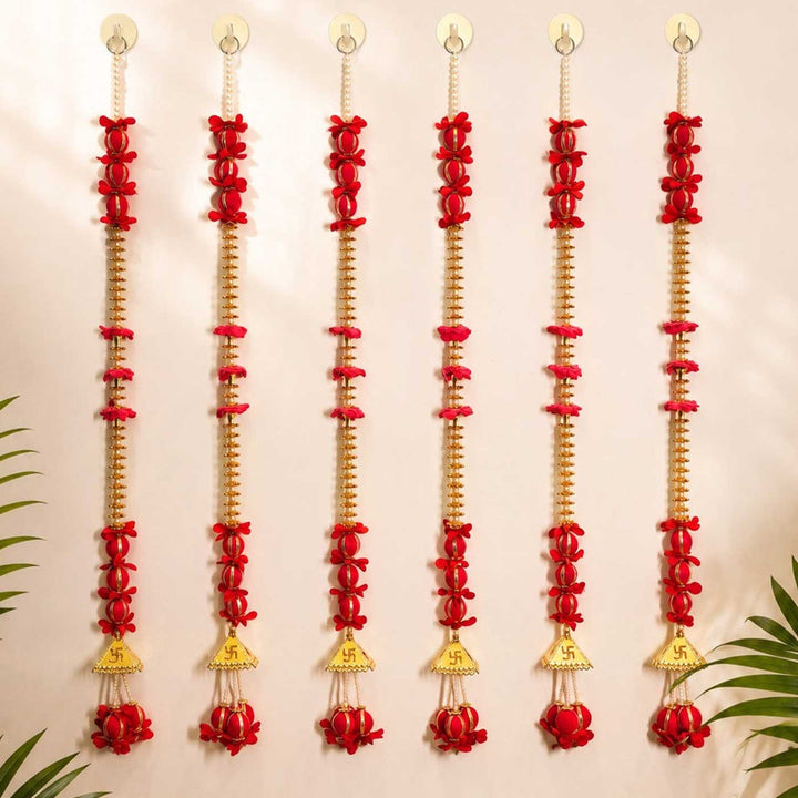 Handcrafted Red Artificial Flower And Gold Bells Tassel Door Hangings With Gold Bead Detailing