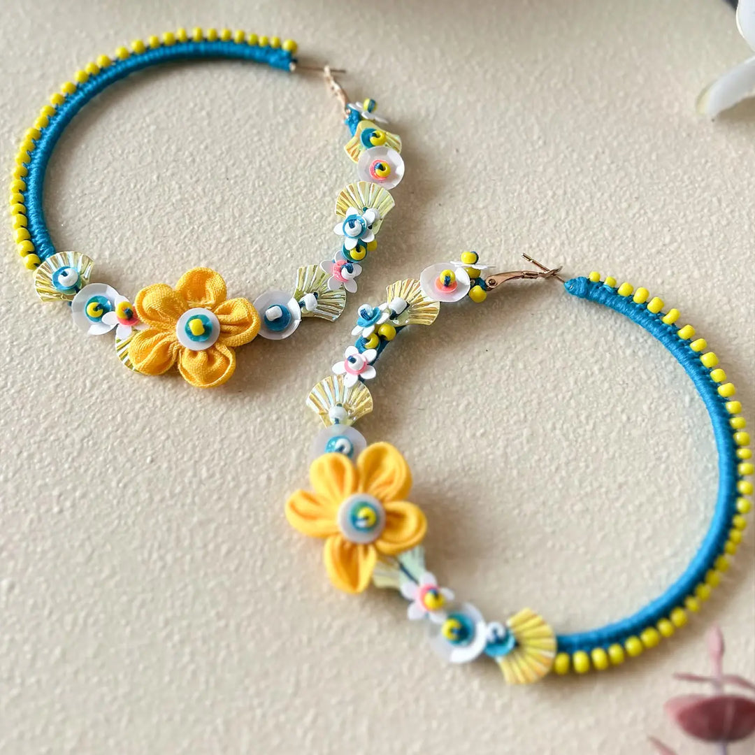 Hand Embroidered Beaded Yellow & Blue Garden Inspired Motifs Cotton Earrings