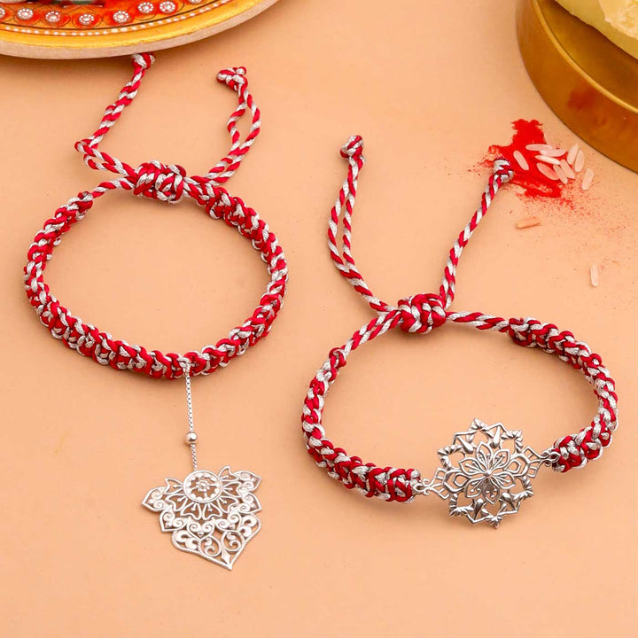 Handmade Fligree Design Silver Bhaiya Bhabhi Rakhi - Top view of two bracelets