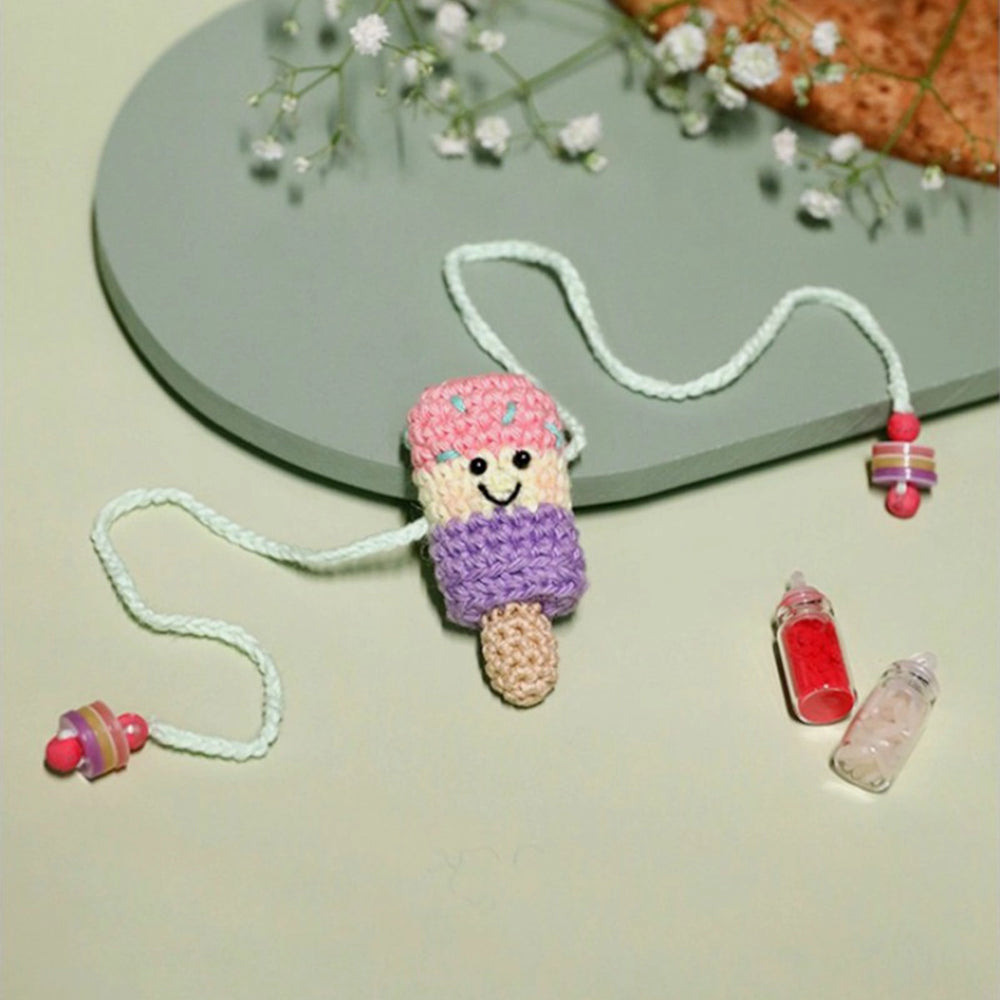 Handmade Crochet Popsicle Love Kids Rakhi With Roli Chawal - Necklace with Pink Ice Cream Pendant