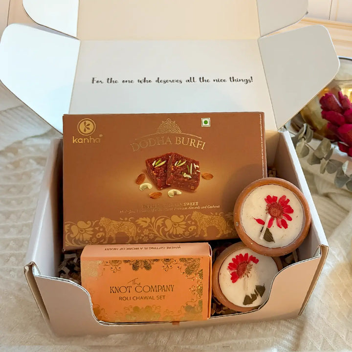 Mitti & Mithaas Diwali Gift Hamper | Includes 2 Terracotta Diyas, 1 Dodha Barfi, 1 Tilak Set, 1 Gift Box