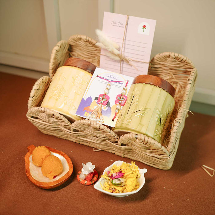 Personalized Handmade Rakhi Hamper Includes 1 Basket 2 Jars 2 Rakhis 1 Roli Chawal And 1 Message Card - Basket Set with Rakhi and Snacks