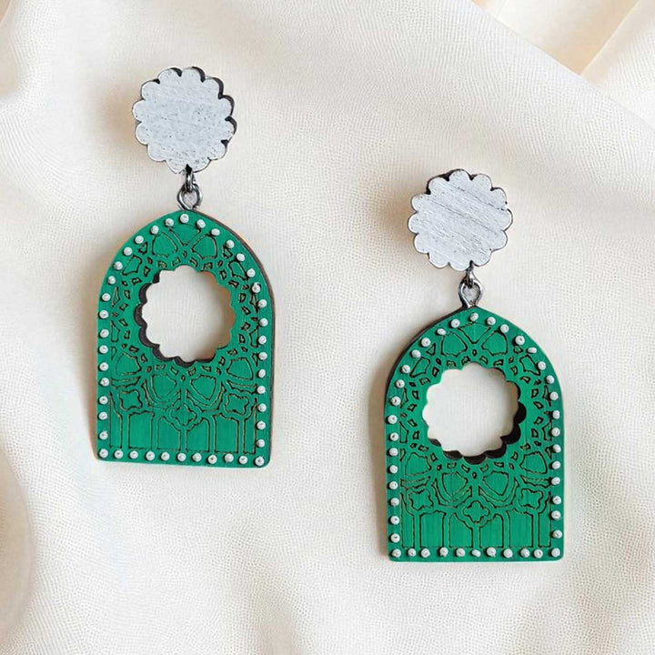 Handmade Beaded Green & White Flower Cut - Out Wooden Earrings