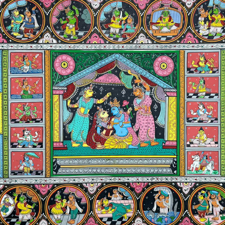 36 X 24 Inch | Handmade Canvas Krishna Rasleela With Dashavataar Painting