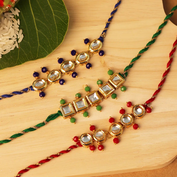 Handmade Minimalist Green, Blue & Red Rakhi With Roli Chawal | Set Of 3