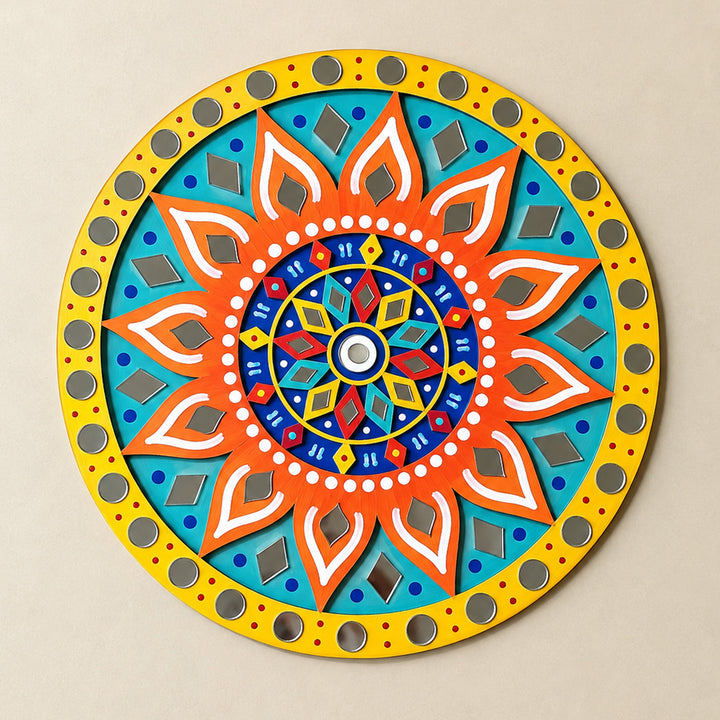Hand-Painted Orange & Blue Floral Lippan Art Mdf Rangoli For Festive Decor