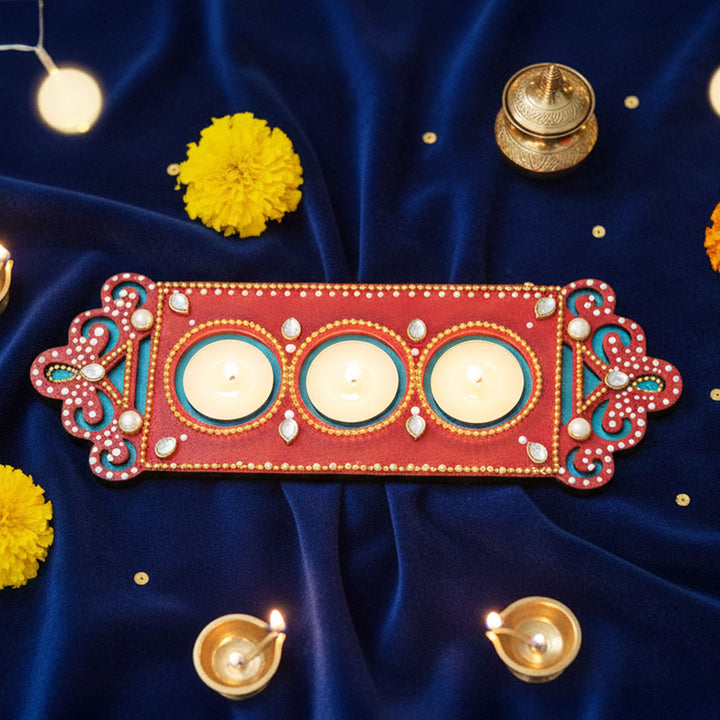 Handmade Dot Art Red & Blue Tealight Holder