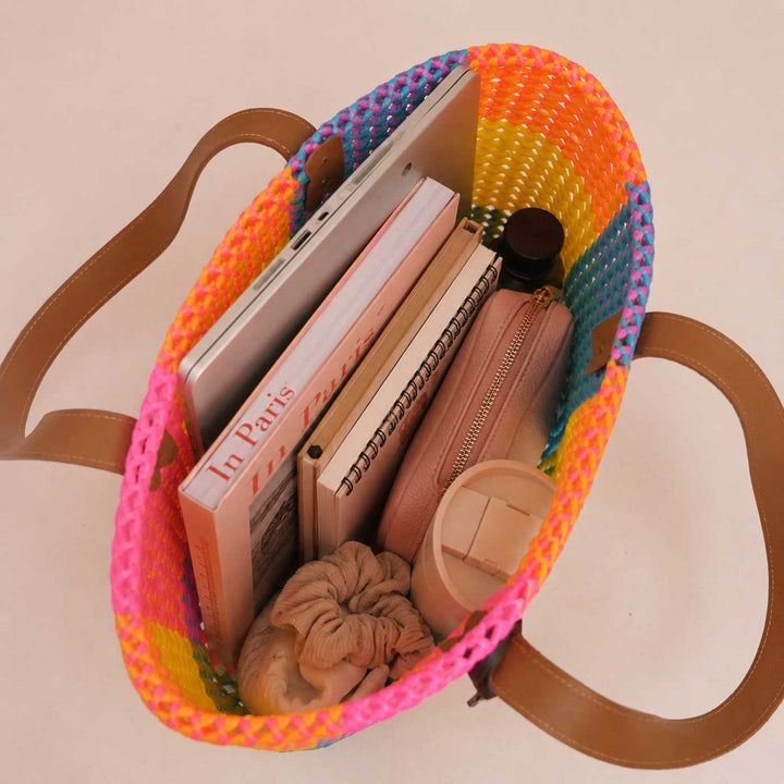 Handmade Vibrant Multicolor Checkered Wire Koodai Tote Bag