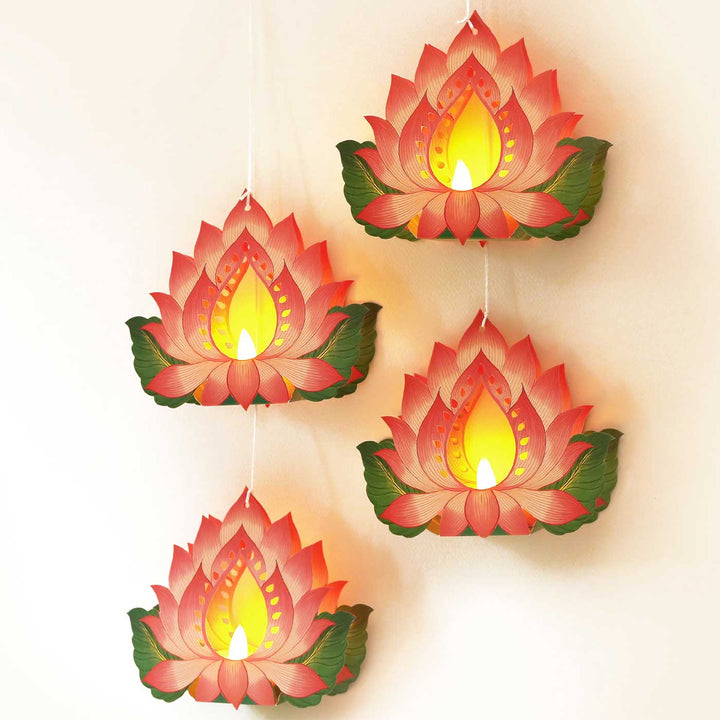 Handmade Hanging Lotus Diya Design With Electric Tealights | Set Of 4