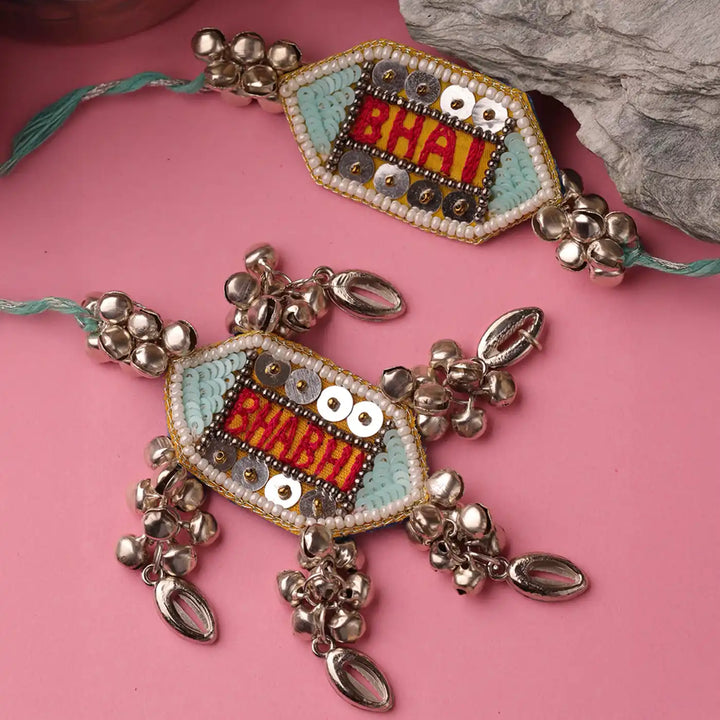 Handmade Boho Embroidered Ghungroo Bhaiya Bhabhi Rakhi With Roli Chawal | Set Of 2