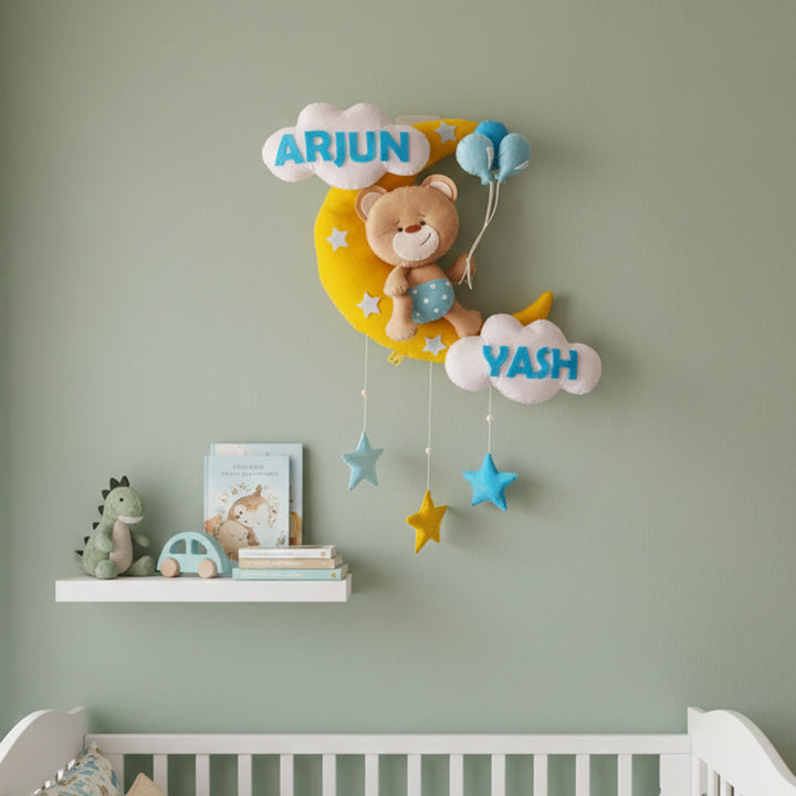 Hand-stitched Teddy Themed Felt Moon Nameplate with Birthdate For Kids