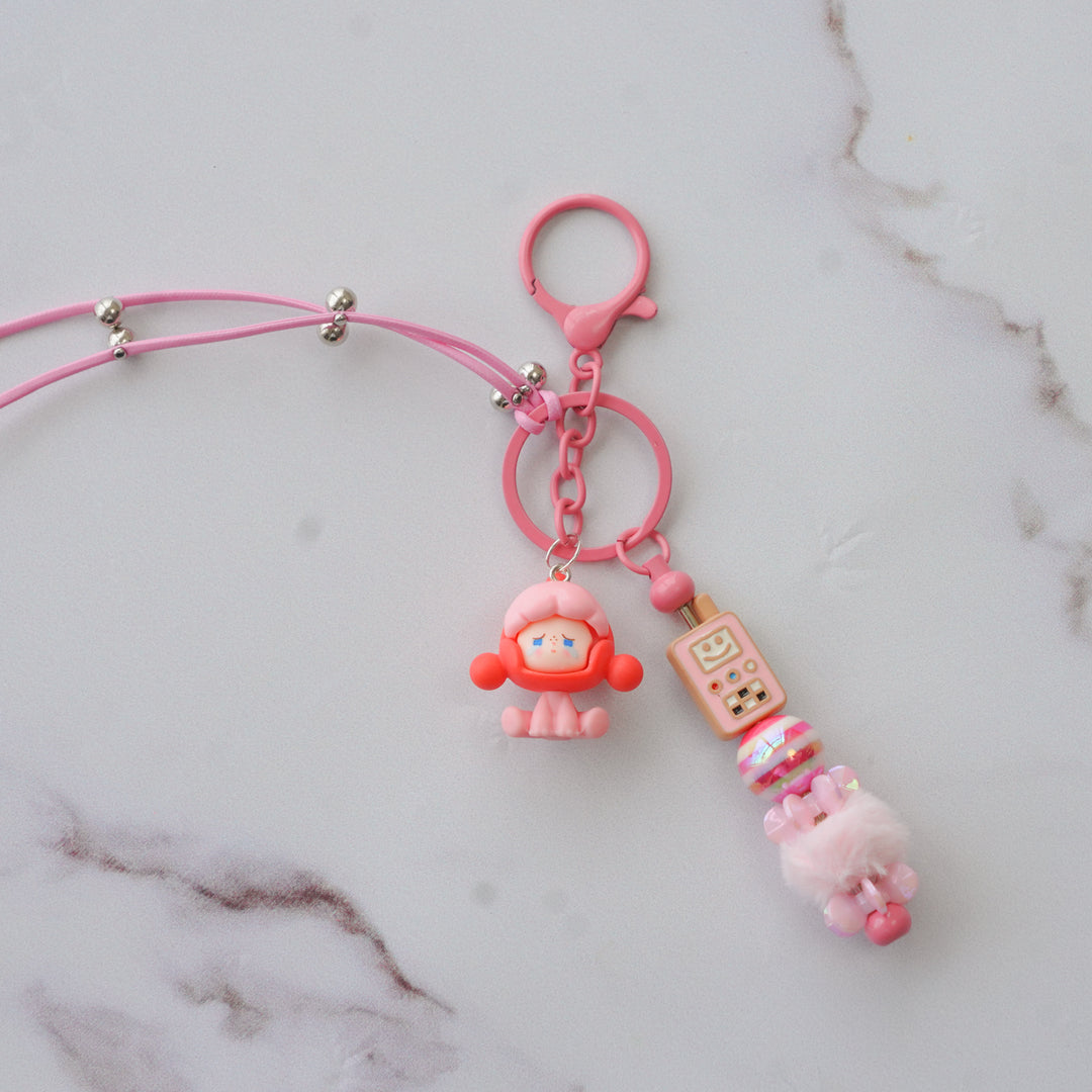Pink Robot Bead & Character Bag Charm With Keyring