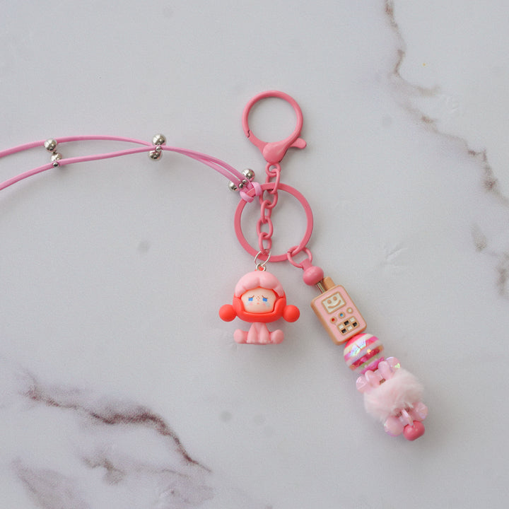 Pink Robot Bead & Character Bag Charm With Keyring