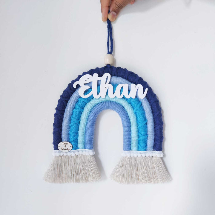 Personalized Handmade Macrame Blue Rainbow Kids Name Plate With 3D Letters