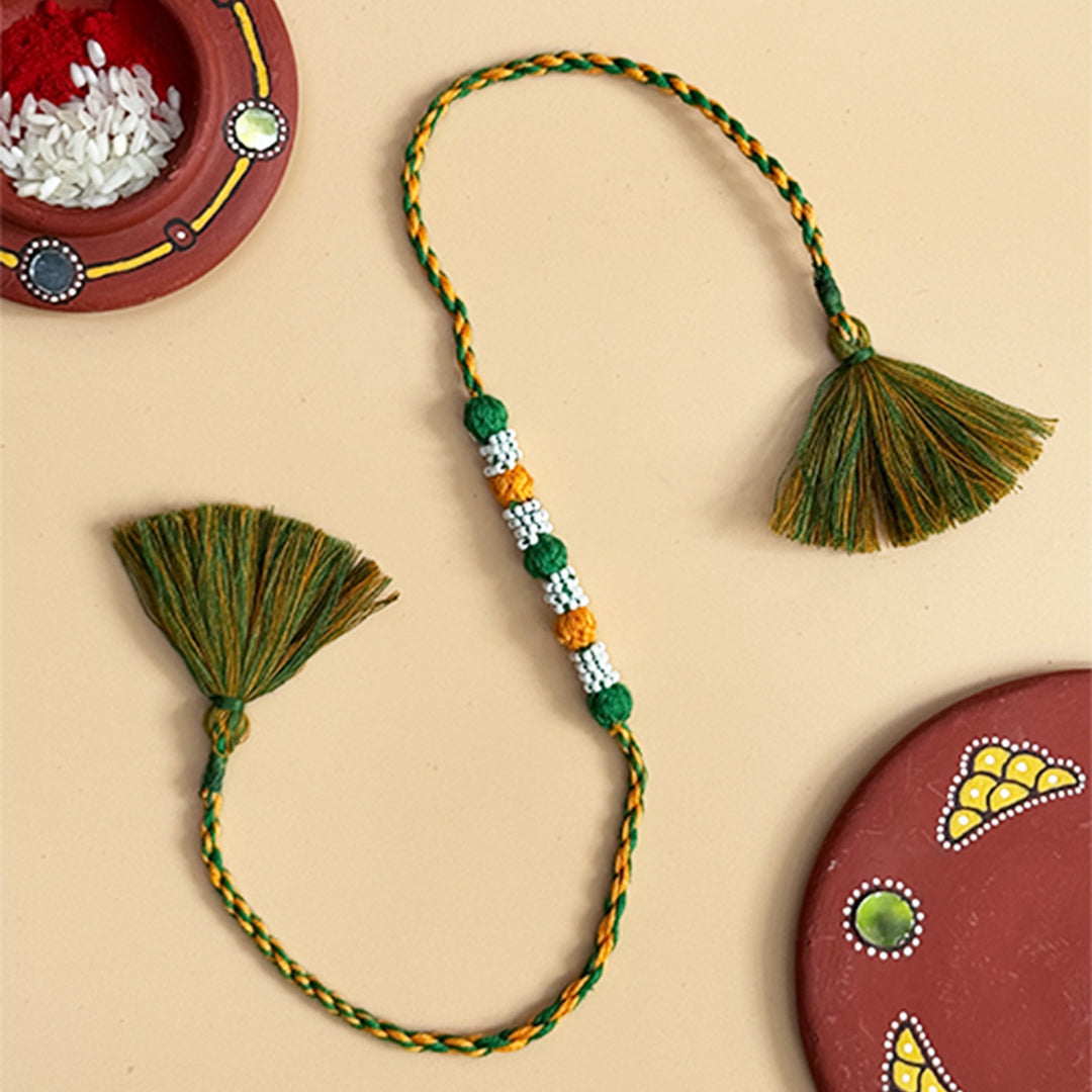 Handmade Reusable Green And Yellow Beaded Patwa Rakhi For Brother