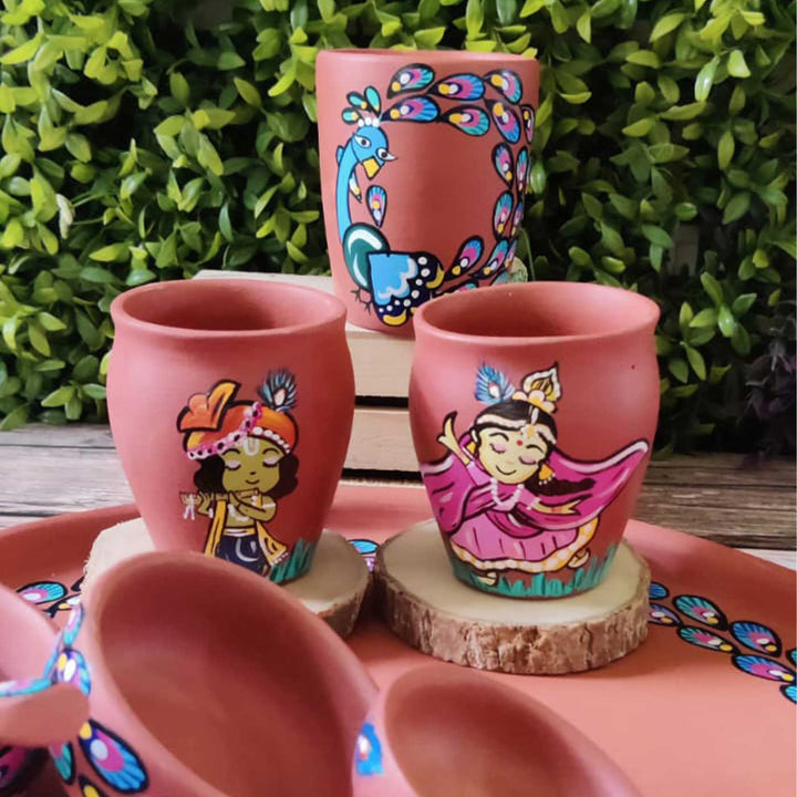 Hand-Painted Krishna Theme Terracotta Bhog Thali | Set Of 8
