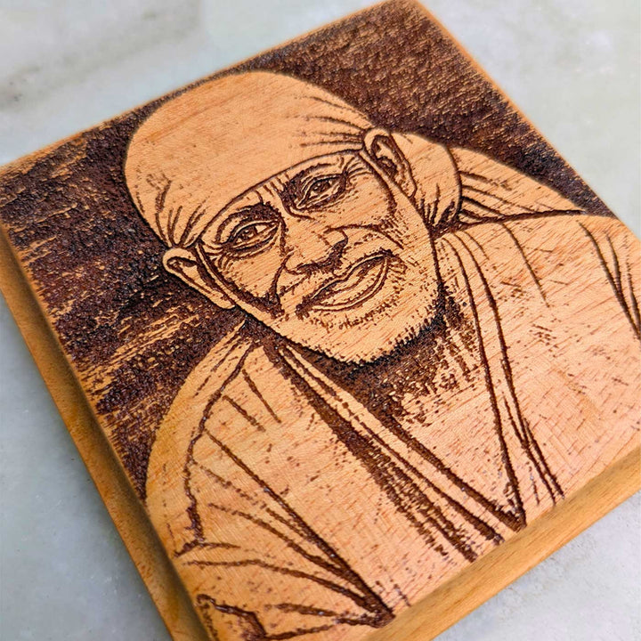 Engraved Sai Baba Portrait Mahogany Wood Fridge Magnet
