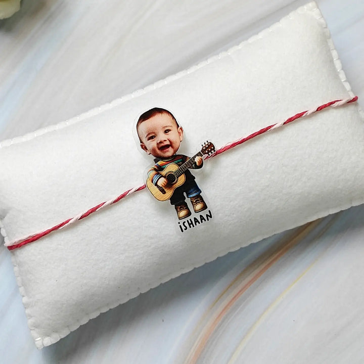 Photo Personalized Reusable Caricature Rockstar With Guitar Theme Acrylic Kids Rakhi