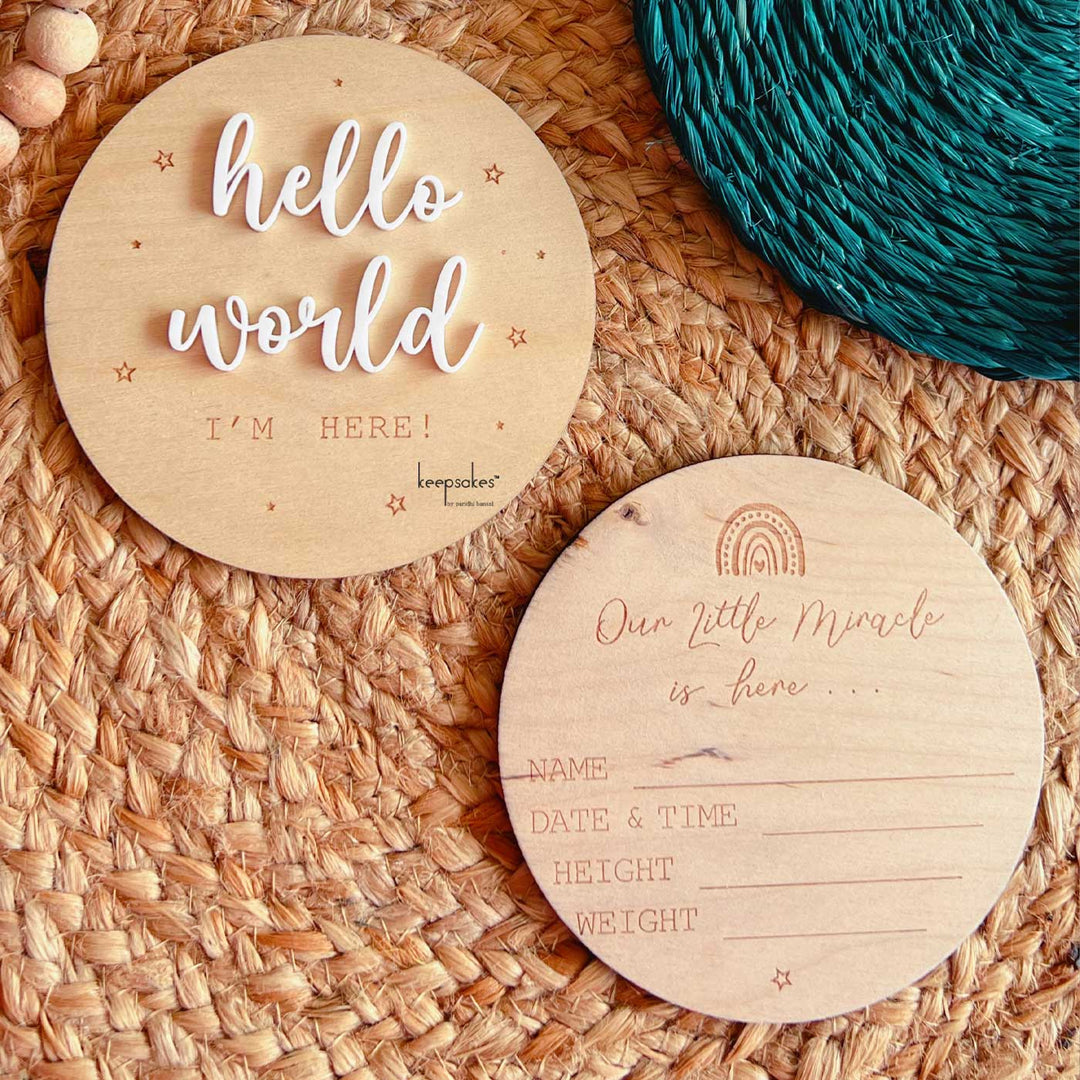 Personalized "Hello World" Birch Wood Photo Prop With Birth Details For Newborn Photoshoot