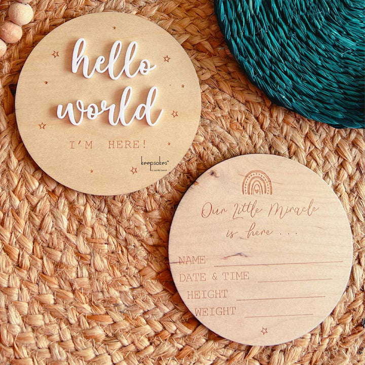 Personalized "Hello World" Birch Wood Photo Prop With Birth Details For Newborn Photoshoot